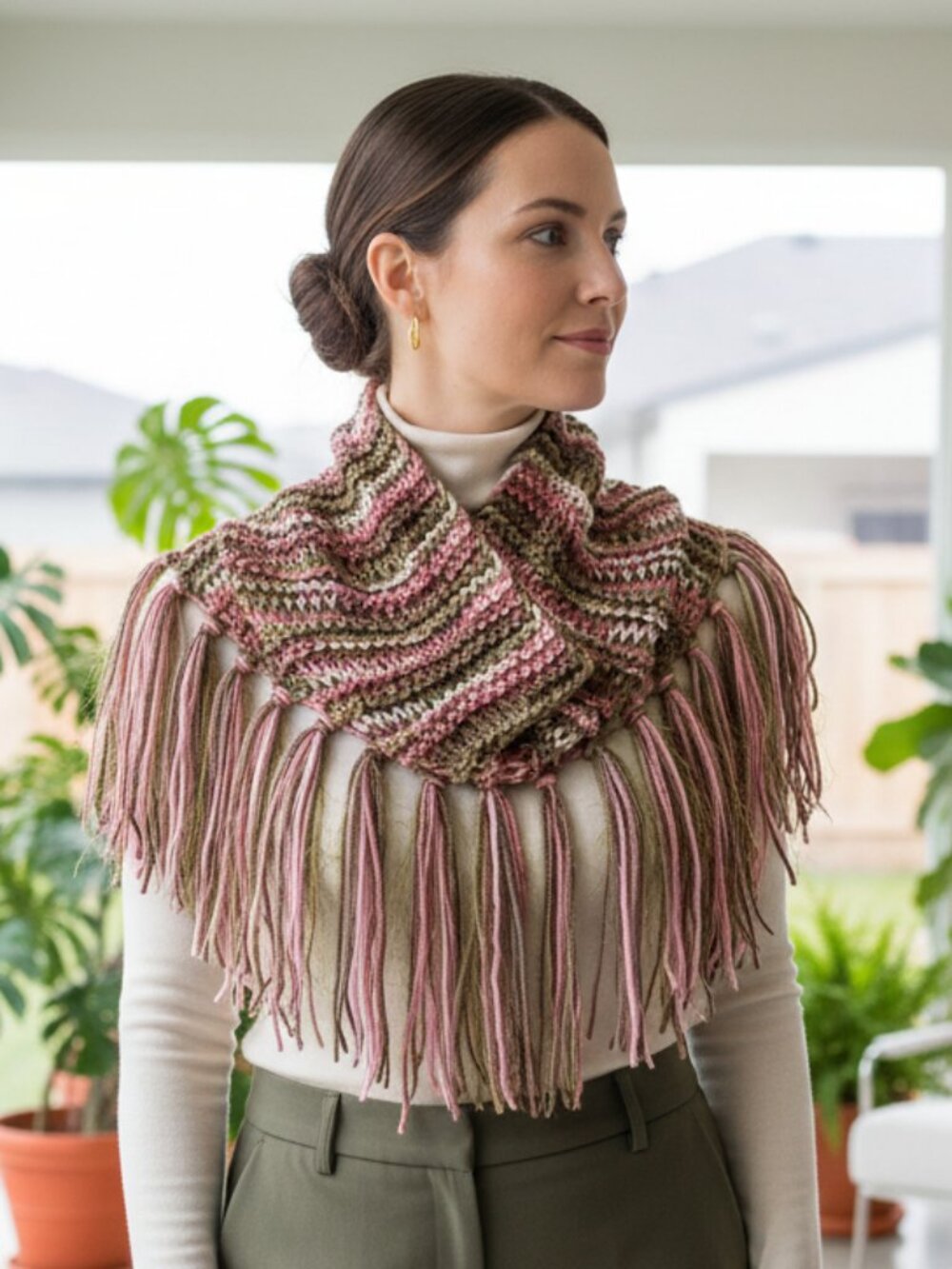 NEW Hand Knitted Green Pink Taupe Ombre Boho Cowl Scarf Fringe Cottage Indie